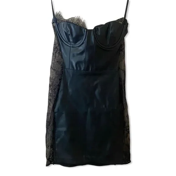 Michael Costello REVOLVE Sadie Mini Dress Black lace faux leather party S